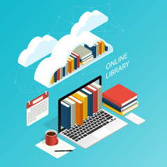 online library file isometric cloud ebook computer office work,education research vector