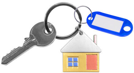 porte-clés maison couleur avec porte-étiquette bleue sur fond blanc 