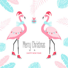 Christmas card with flamingo. Vector illustration