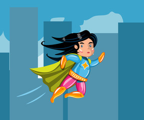 Young woman flying through air in superhero pose