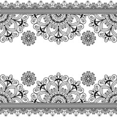 Border lace line element with flowers in Indian mehndi style for cards or tattoo isolated on white...