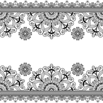 Border lace line element with flowers in Indian mehndi style for cards or tattoo isolated on white background.