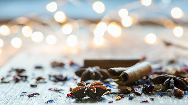 Christmas light and spices abstract backround banner