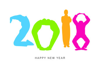 Happy New Year 2018 hand drawn text, font from people silhouettes	