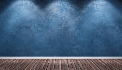 Blue plaster wall, wooden floor interior room.