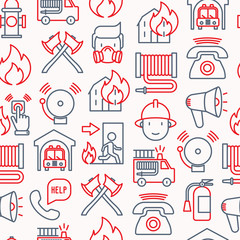 Firefighter seamless pattern with thin line icons: fire, extinguisher, axes, hose, hydrant. Modern vector illustration for banner, web page, print media.