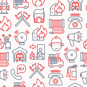 Firefighter seamless pattern with thin line icons: fire, extinguisher, axes, hose, hydrant. Modern vector illustration for banner, web page, print media.