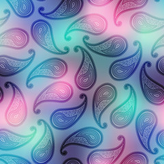 Seamless background pattern. Paisley pattern in indian style on smooth blurred background.