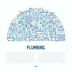 Plumbing concept in half circle with thin line icons of bathtub, shower, pipe, wrench, drop, leakage, meter, plunger. Modern vector illustration for banner, web page, print media.