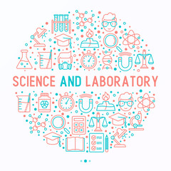 Science and laboratory concept in circle with thin line icons of scientist, dna, microscope, scales, magnet, respirator, spirit lamp. Vector illustration for banner, web page, print media.