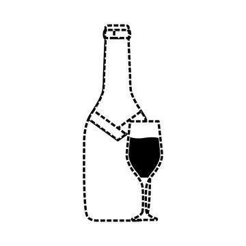 flat line monochromatic bottle with glass of  champagne sticker  vector illustration