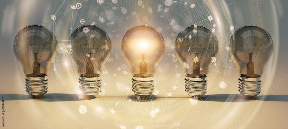 Aufkleber bright lightbulbs and connections lined up 3d rendering