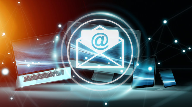Email icon interface over modern tech devices 3D rendering