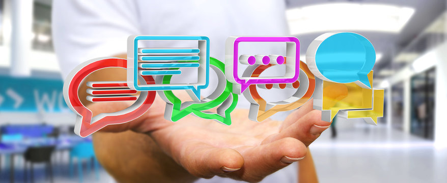 Businessman using digital colorful 3D rendering conversation icons