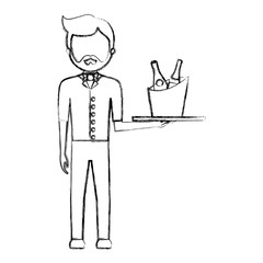 flat line uncolored  waiter man  over white background vector illustration
