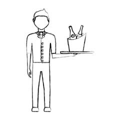flat line uncolored  waiter man  over white background vector illustration
