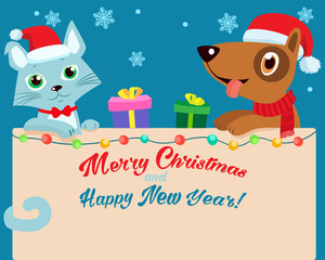 Christmas Eve. Happy Cartoon Cat And Dog Friendship With Santa Hat Vector. Cartoon Vector Illustration Holiday Winter Background. Cat And Dog Holding Christmas Text Banner.