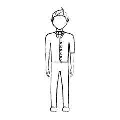 flat line uncolored  waiter man  over white background vector illustration