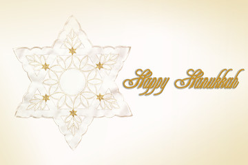 Happy Hanukkah. Star of David. White Star of David on a gold background with small stars.