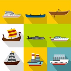 Maritime transport icons set, flat style