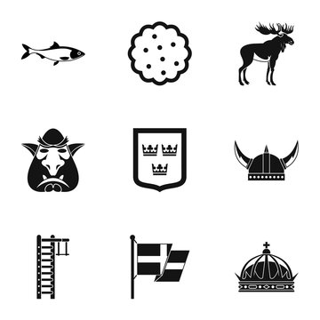 Vacation in Sweden icons set, simple style