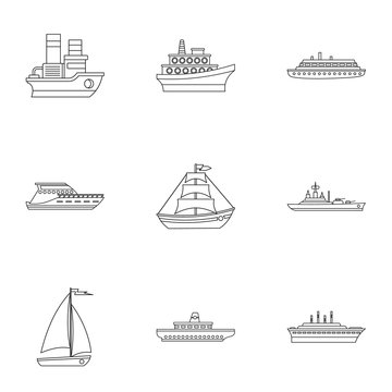 Boat icons set, outline style