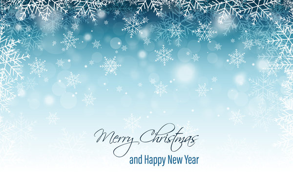 Winter vector blurred banner with snowflakes. Merry Christmas and Happy New Year greeting card.