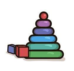 Colorful round block pyramid toy with two cubes nearby. Isolated vector illustration on white background. Cartoon style.