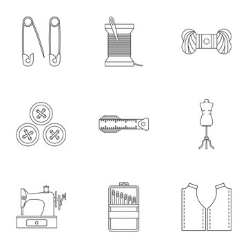 Embroidery kit icons set, outline style