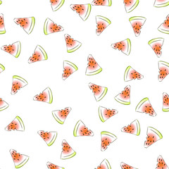 Vector seamless pattern with fresh watermelon slices on white backgroud. Lifght backdrop.