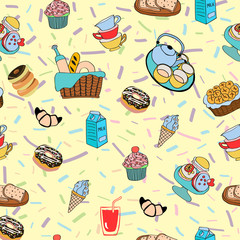 Hand-drawn cartoon background with food and drinks elements, breakfast ingredients