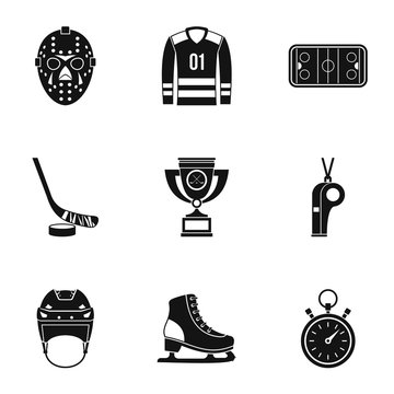 Hockey game icons set, simple style