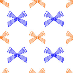 Seamless pattern, drawn bows on white. VECTOR template. Blue and orange bows.