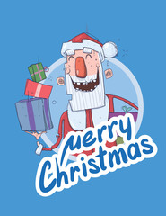 Christmas card with funny Santa Claus smiling. Santa Claus brings presents in boxes. Lettering on blue background. Round design element. Cartoon character vector illustration.