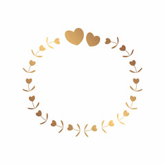Round gold frame of flowers and hearts. Simple decor of floral elements in a flat style.