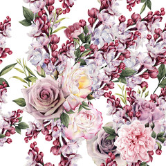Seamless floral pattern with roses and Lilac, watercolor.