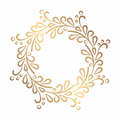 Round gold contour elegant frame of smooth lines in the form of stylized branches and leaves. Simple decor of floral elements in a flat style.