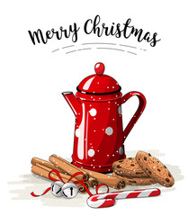 Christmas still-life, red tea pot, brown cookies, cinnamon sticks and jingle bells on white background, illustration