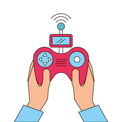 hands holding control remote advance for drones with screen vector illustration