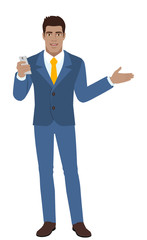 Businessman with mobile phone showing something beside of him