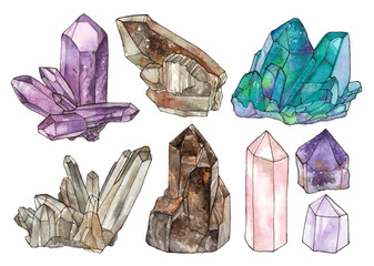 watercolor illustrations crystals and gemstones. hand painted isolated elements.