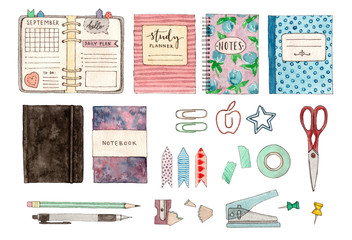 back to school. watercolor set of illustrations. stationery and school stuff. hand painted isolated elements.