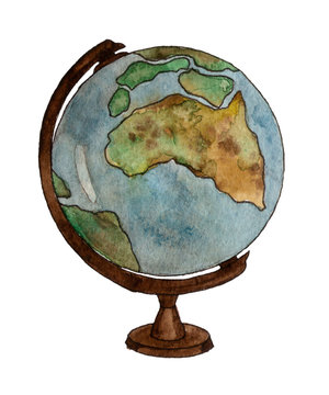 watercolor illustration globe. hand painted. isolated element. back to school.
