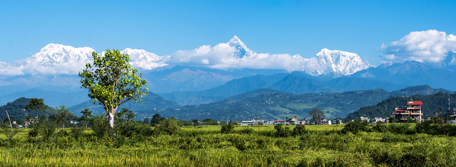 Horizontal panoramic mountain view to Annapurna mountain range, Nepal