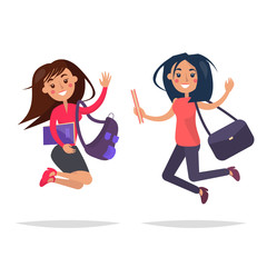 Fototapeta premium Jumping Girls with Books and Bags Illustration