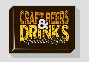 Craft Beers And Drinks Typographic Sign Design For Pubs Restaurants Bars For Promotion. Vintage Aesthetic Influenced.