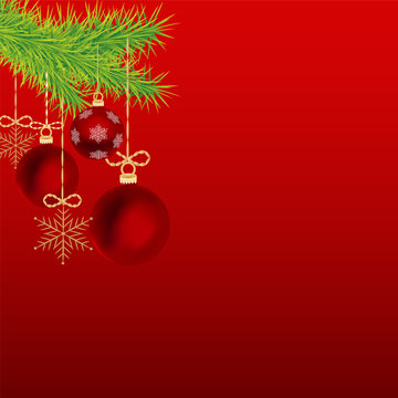Christmas card branch of fir, balls, snowflakes