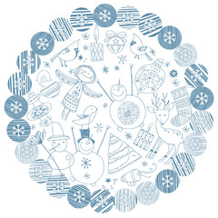 Christmas decor in a circle on a white background. Festive vector illustration. New Year's background.
