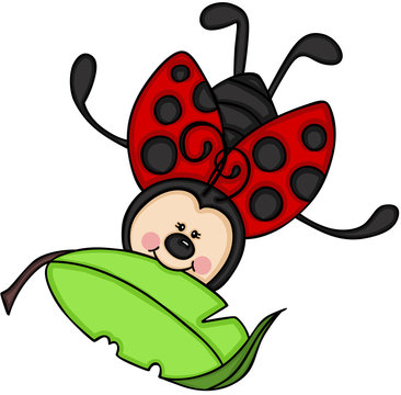 Ladybug flying with a green leaf