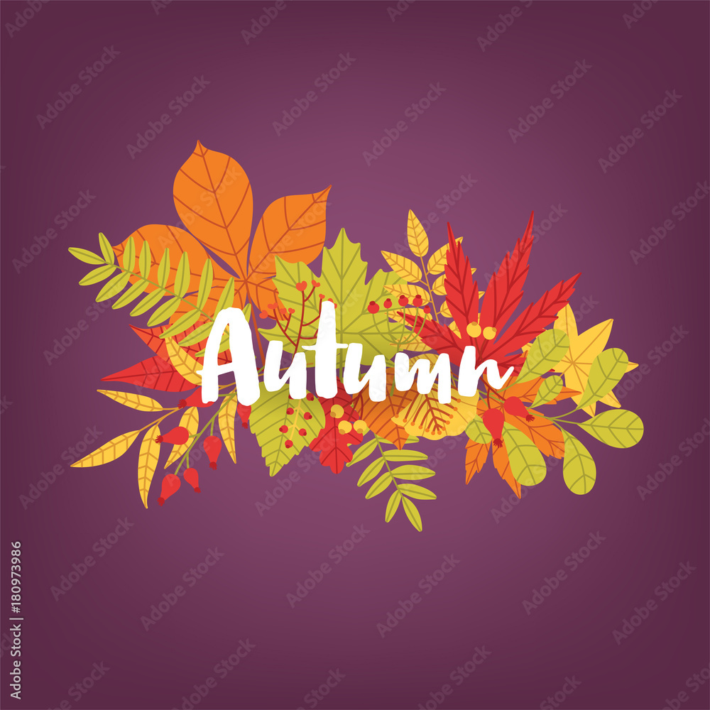 Aufkleber hand written calligraphic word autumn against bunch of colorful fallen tree leaves and branches on b